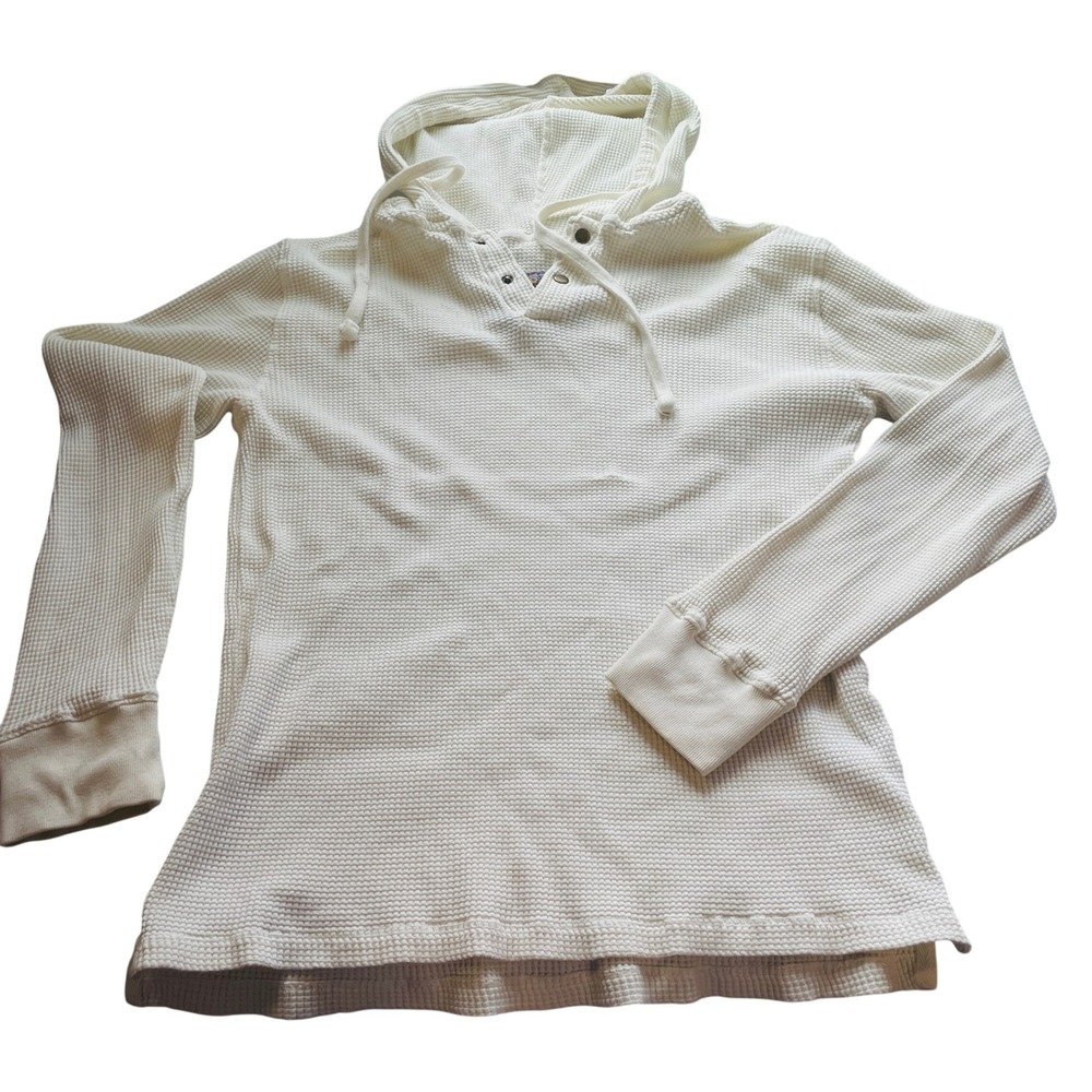 American Garage Mens Waffle Knit Henley Hoodie Medium White Thermal Sweater